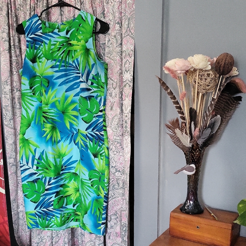 Moda Tropical Green and Blue Midi Dress - 100 % silk